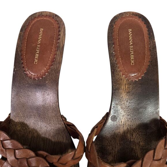 Vintage Wooden Heels Sandal Brown Banana Republic Braided Woven Leather Mule 8.5 - Picture 14 of 16